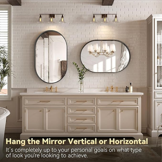 Brightify Black Oval Mirror for Wall 20x33 Inch, Metal Framed Bathroom Vanity Mirrors, Modern Pill Shape Mirror for Bedroom Living Room Wall Decorative Hang Vertical and Horizontal