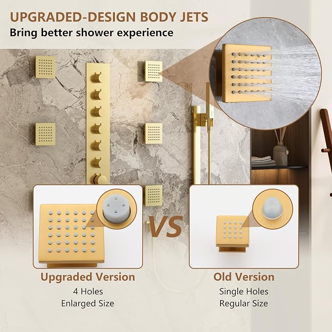 CASAINC 27x16 Inch Thermostatic Shower System Luxurious 6 Functions Full Body Shower System with Sliding Rod 2 in 1 Handheld, LED & Music (Brushed Gold)