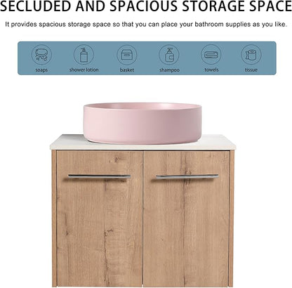 24" Floating Vanity with Sink, 24 Inch Bathroom Vanity with Sink, Modern Plywood Floating Cabinet with Sintered Stone Countertop and Pink Ceramic Basin, Soft Close Doors