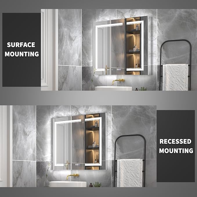 36x32-Inch Lighted Medicine Cabinet with Mirror,Removable 5X Magnificer | GFCI 1800W Outlet,Soft-Closed,Front&Backlit,Anti-Fog,Dimmable&Tunable,Sensor LED,Recessed/Surface,Adjustable Shelves