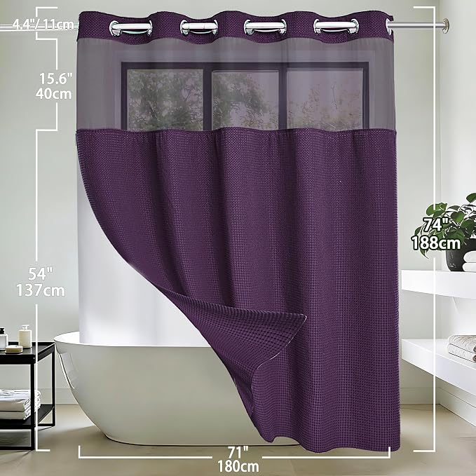 Conbo Mio No Hook Waffle Weave Shower Curtain with Snap in Liner Set, Hotel Luxury Purple Shower Curtains for Bathroom with See Through Top Window, Waterproof, Washable 71W x 74H