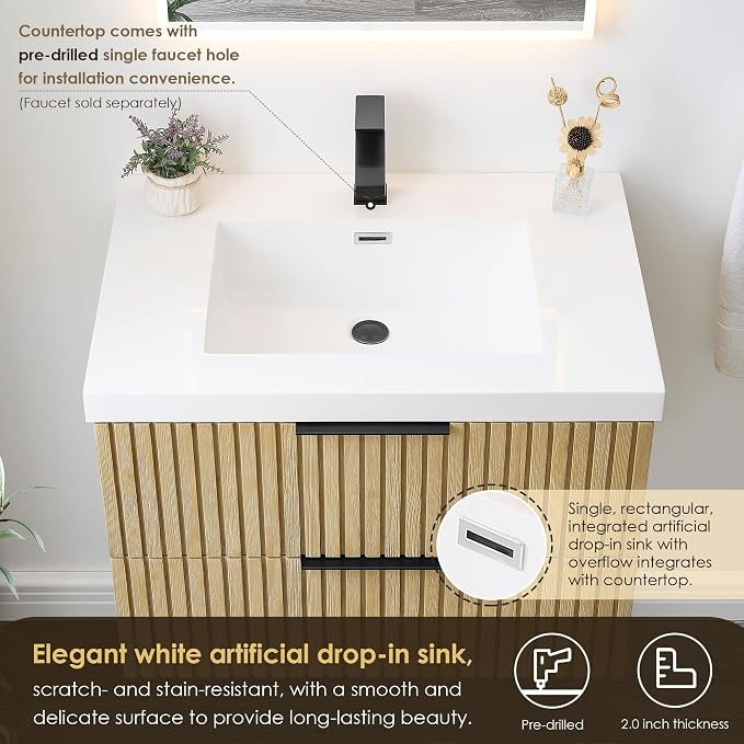30 Inch Floating Sink Bathroom Vanity Wall Mount Single Vanities with Top | Pre-Assembled, Sturdy Solid Wood, Modern Vanity, Ceramic Sink, Large Storage Cabinet, Soft Closing Doors, Dovetail Drawers