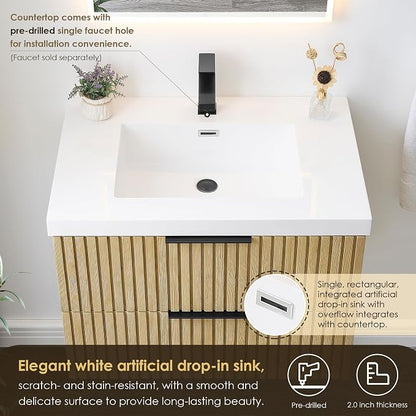 30 Inch Floating Sink Bathroom Vanity Wall Mount Single Vanities with Top | Pre-Assembled, Sturdy Solid Wood, Modern Vanity, Ceramic Sink, Large Storage Cabinet, Soft Closing Doors, Dovetail Drawers