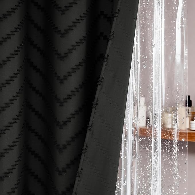Dynamene Extra Long Shower Curtain and Liner Set - 84 inch Tall Boho Shower Curtain and Waterproof Clear Liner, Tufted Chevron Striped Tassel Shower Curtains for Bathroom, 12 Hooks, 72x84, Black