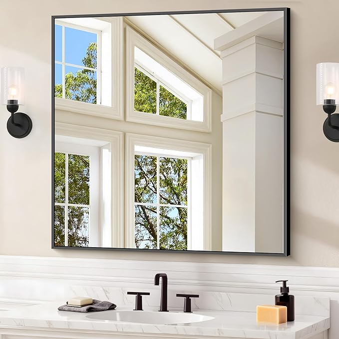 Black Bathroom Mirror for Wall, 30x30 Inch Rectangle Mirrors with Metal Frame, Modern Vanity Wall Square Mirror for Bathroom Living Room, Entryway Hangs Horizontal or Vertical