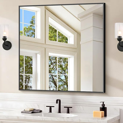 Black Bathroom Mirror for Wall, 30x30 Inch Rectangle Mirrors with Metal Frame, Modern Vanity Wall Square Mirror for Bathroom Living Room, Entryway Hangs Horizontal or Vertical