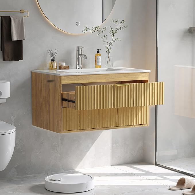 30 Inch Floating Bathroom Vanity Without Sink, Bathroom Wall Cabinet with 2 Fluted Drawers & Metal Handle, Wall Mounted Cabinet for Bathrooms (Natual Yellow, 30 inch, Without Sink)