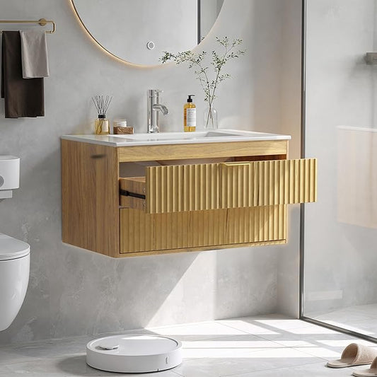 30 Inch Floating Bathroom Vanity Without Sink, Bathroom Wall Cabinet with 2 Fluted Drawers & Metal Handle, Wall Mounted Cabinet for Bathrooms (Natual Yellow, 30 inch, Without Sink)