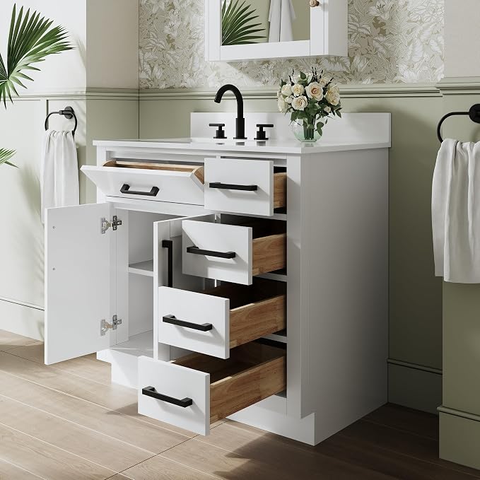 36-Inch Bathroom Vanity with Sink W/ 2 Doors & 4 Drawers & 1 Flip Drawer, White Vanity W/Matte Black Handles