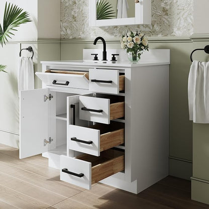 36-Inch Bathroom Vanity with Sink W/ 2 Doors & 4 Drawers & 1 Flip Drawer, White Vanity W/Matte Black Handles