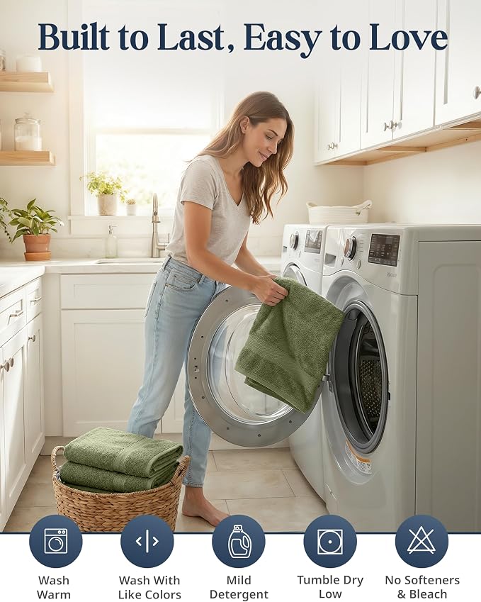 LANE LINEN Large Bath Towel Set Absorbent Quick Dry 100% Cotton - Oil Green | Soft Cotton Towels - Fade-Resistant Color, Classic Terry Weave, Densely Woven & Durable, Easy-Care, Coordinated Colors