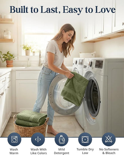 LANE LINEN Large Bath Towel Set Absorbent Quick Dry 100% Cotton - Oil Green | Soft Cotton Towels - Fade-Resistant Color, Classic Terry Weave, Densely Woven & Durable, Easy-Care, Coordinated Colors