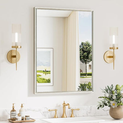 Keonjinn 24 x 32 Inch Brushed Nickel Bathroom Mirror, Aluminum Metal Frame | Rectangular Mirror for Wall, Farmhouse Bathroom Vanity Mirror for Over Sink, Beveled Frame, HD Tempered Glass, Square Corner