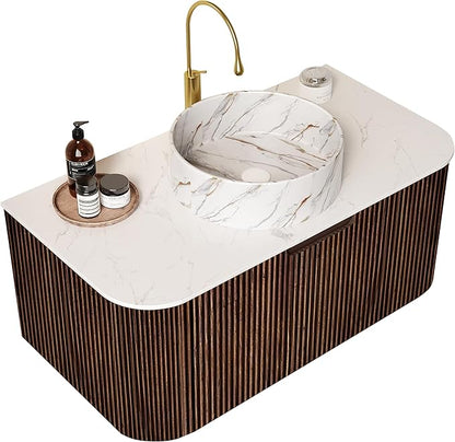 36'' Floating Vanity with Sink Combo, Modern Wall-Mounted Curved Edges Striped Bathroom Storage Cabinet with Soft-Close Drawer and White Stone Pattern Basin, Dark Walnut