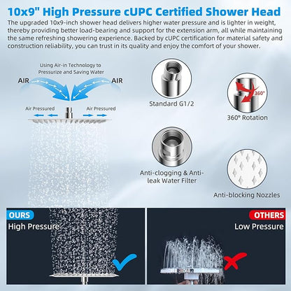 Hibbent All Metal 10'' Rain Shower Head with 16'' Extension Arm, Chrome | cUPC Certified High Pressure Rainfall Showerhead with Solid Brass Adjustable Shower Head Extension Arm, Fixed Showerheads