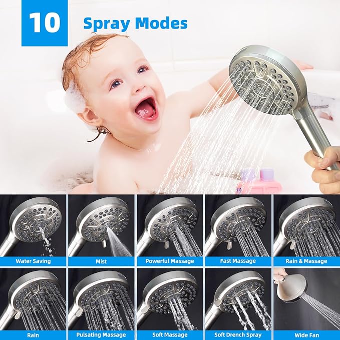 Hibbent 12" Dual Filtered Shower Head 10-spray Handheld, Brushed Nickel | All Metal High Pressure Rainfall Shower Head Combo with Filter, 16" Extension Arm, 3-way Diverter, 71" Hose & Shower Holder