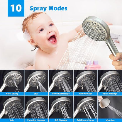 Hibbent 12" Dual Filtered Shower Head 10-spray Handheld, Brushed Nickel | All Metal High Pressure Rainfall Shower Head Combo with Filter, 16" Extension Arm, 3-way Diverter, 71" Hose & Shower Holder