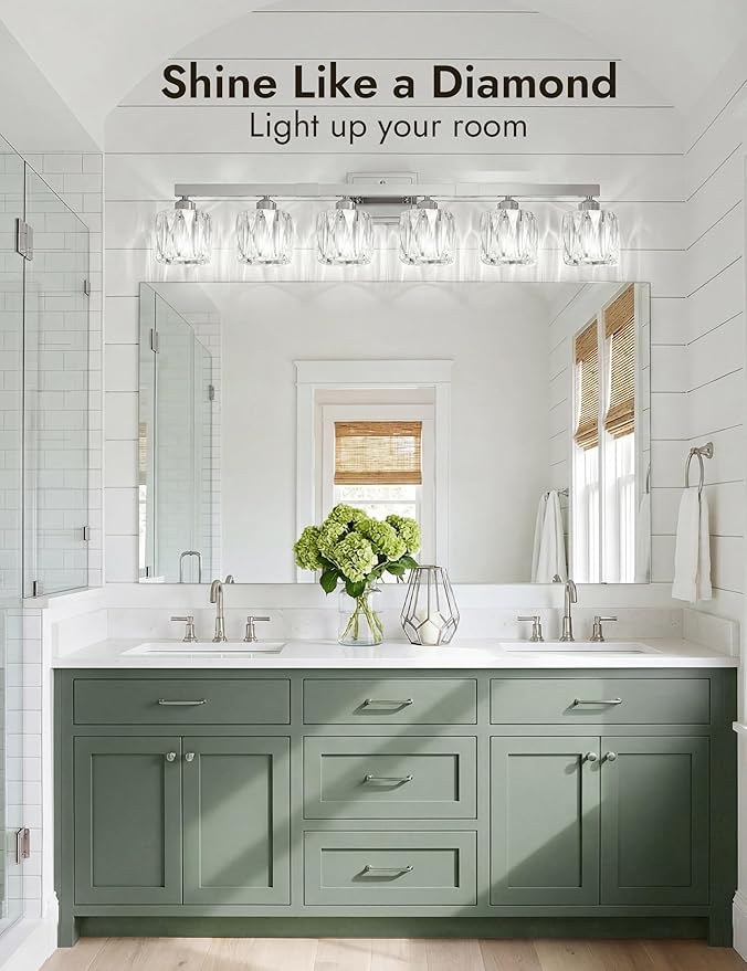 VOLISUN Crystal Vanity Lights for Bathroom, 6 Light Bathroom Vanity Light, Modern Stainless Steel Bathrooms Lights Over Mirror, Chrome Bathrooms Lights Fixtures-UL Certificated(Exclude Bulb)