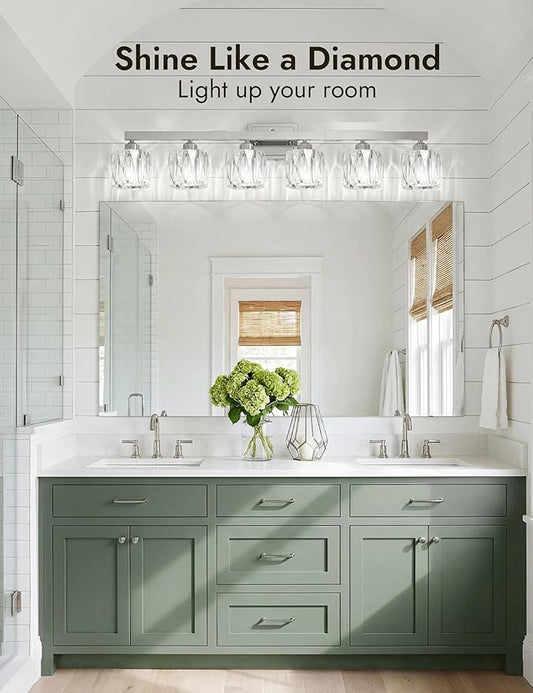 VOLISUN Crystal Vanity Lights for Bathroom, 6 Light Bathroom Vanity Light, Modern Stainless Steel Bathrooms Lights Over Mirror, Chrome Bathrooms Lights Fixtures-UL Certificated(Exclude Bulb)