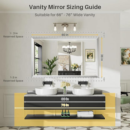 60x36 Inch Brushed Silver Bathroom Mirror for Wall, Thick Metal Framed Rectangle Mirrors for Over Sink, Bedroom, Living Room, Entryway, Anti-Rust, HD Tempered Glass
