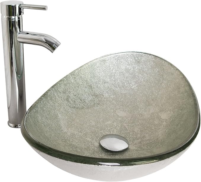 wonline Modern Bathroom Oval Glass Vessel Sink Bowl with Chrome Faucet and Pop-up Drain Combo