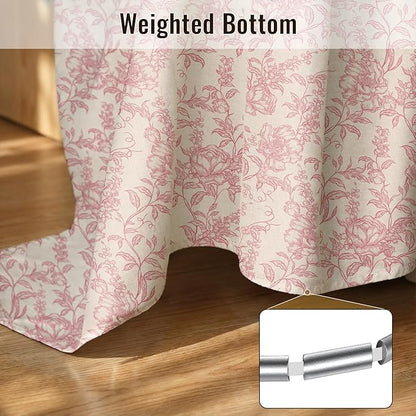 Farmhouse Pink Floral Shower Curtain with 12 Clear Rings 72"W x 72"L | Boho Fabric Faux Linen Shower Curtain Set, Vintage Cottagecore Shower Curtain for Bathroom