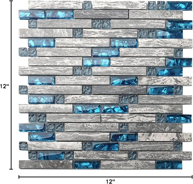 Gray Marble Tile for Kitchen Backsplash 12 in. x 12 in. x 8 mm Teal Blue Glass Mosaic Bathroom Shower Wall Linear Tiles (Pack of 5 Sheets)