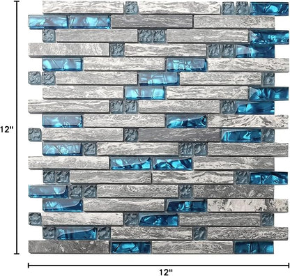 Gray Marble Tile for Kitchen Backsplash 12 in. x 12 in. x 8 mm Teal Blue Glass Mosaic Bathroom Shower Wall Linear Tiles (Pack of 5 Sheets)