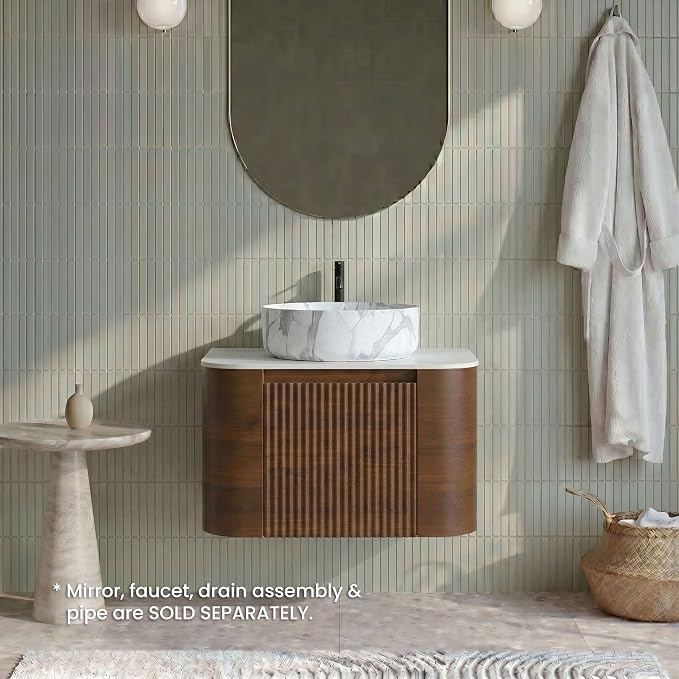 24" Preassembled Floating Bathroom Vanity with Carrara Finish Sink, Walnut | Mid-Century Modern Style, Fluted & Soft-Close Drawer with U-shaped Wall, Sinterted Stone Countertop, Towel Rack Included
