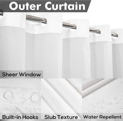 River Dream Long No Hook Slub Textured Shower Curtain with Snap-in PEVA Liner Set - 71" x 80"(78"), Hotel Style with See Through Top Window, Fabric Curtain & Waterproof Liner, White, 71x80 | Snap on/off Waterproof PEVA Liner, See Through Top Window, Sl...