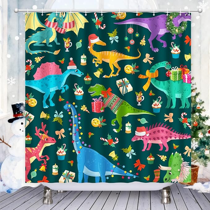 Shower Curtain Christmas, Green Kids Shower Curtain Santa's Hat Dinosaur Party Gift Box Cake Candy Jingling Bell String Light Xmas Theme Machine Wash Home Farmhouse Waterproof Decor Bathroom Curtain