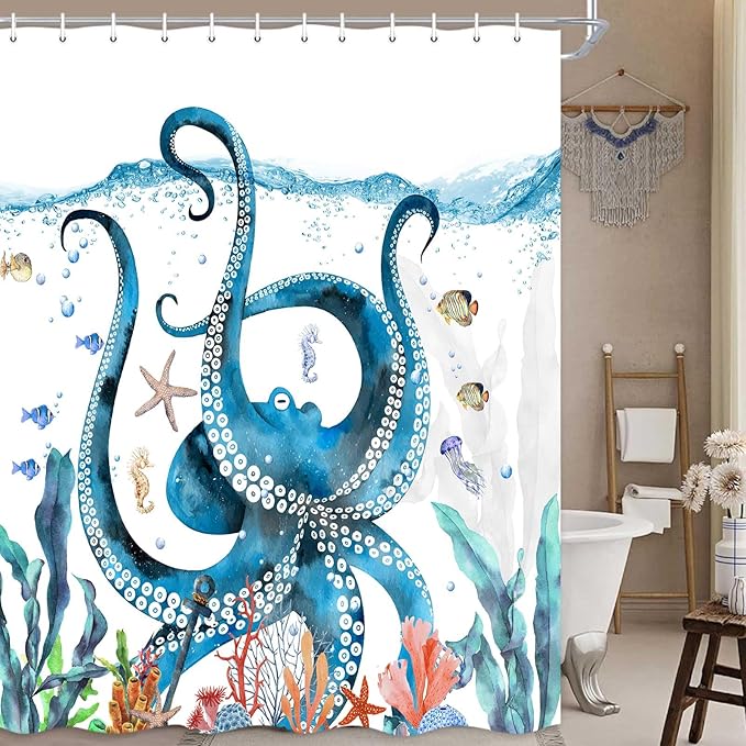 Nautical Octopus Shower Curtain Funny Ocean Beach Sea Monster Animal Waterproof Fabric Bath Curtain Decor Unique Novelty Bathroom Accessories with Hooks Set 72X72 Inch