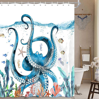 Nautical Octopus Shower Curtain Funny Ocean Beach Sea Monster Animal Waterproof Fabric Bath Curtain Decor Unique Novelty Bathroom Accessories with Hooks Set 72X72 Inch