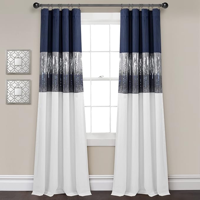 Lush Decor Night Sky 100% Blackout Window Curtain Panel Single 42"W x 84"L, Navy & White - Blackout Curtains For Bedroom - Sequin Curtains - Glam Decor
