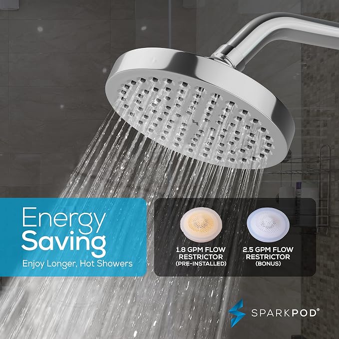 SparkPod 6" Rain Shower Head High Pressure w/ 9" Shower Arm, Chrome | High Pressure Shower Heads, 90 Nozzles, Adjustable Showerhead, No Tools Needed, Universal Connection, Gain Space & Style