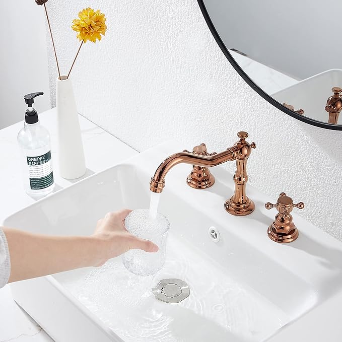 GGStudy 8-16 inch Two Handles 3 Holes Widespread Bathroom Sink Faucet Copper Basin Mixer Tap Faucet Matching Metal Pop Up Drain with Overflow