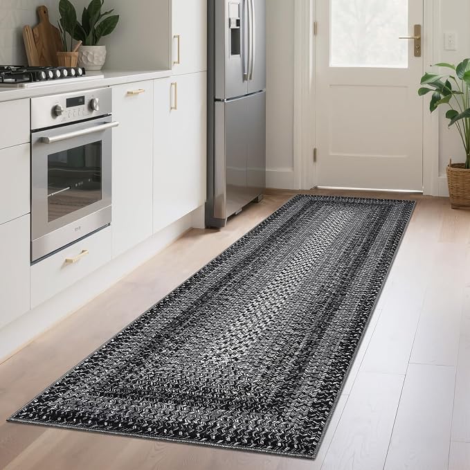 Imitation Braided Collection-Print Long Hallway Runners 2x10 Washable Area Rug, Farmhouse Rustic Bordered Area Rug Non Slip Soft Low Pile Indoor Carpet Runners for Entryways, Laundry Room