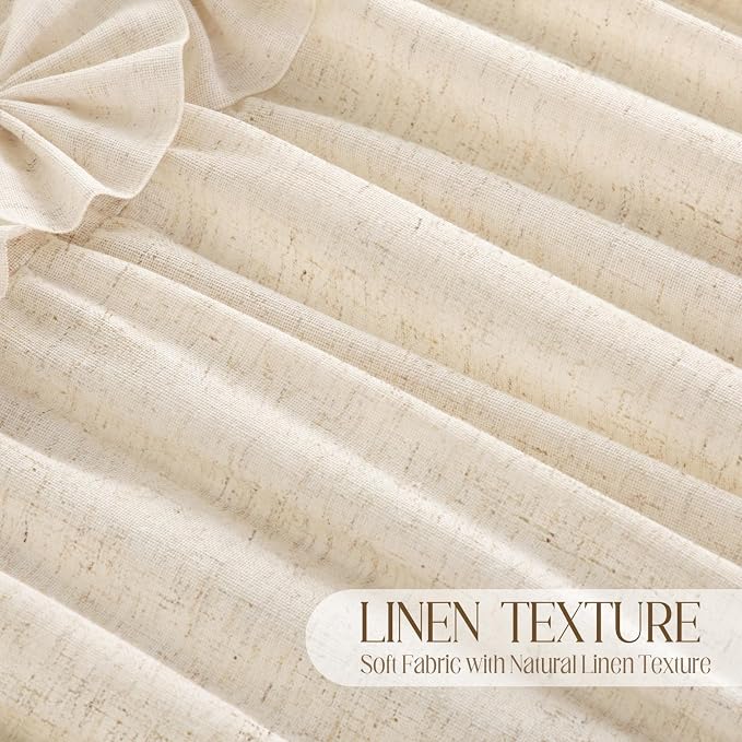 Ruffle Farmhouse Linen Shower Curtain with Vintage Bow 72" W x 72" H | Linen Blend Fabric, Ruffle Bow and Ruffled Hem，Linen Texture，Machine Washable，12 Metal Holes and Plastic Hooks