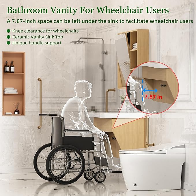 24" Floating Vanity ADA Compliant Modern Wall-Mount Small Bathroom Vanity with Ceramics Sink Modern Hand & Mirror Cabinet Combo with Two Doors for Elderly, Seniors, Handicap & Disabled