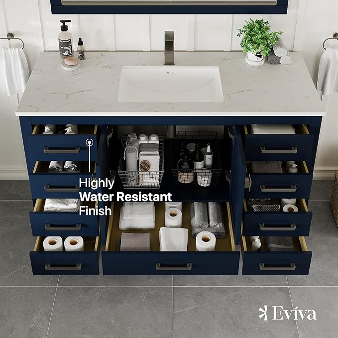 Eviva London 54 in Bathroom Vanities – 54 Inch Bathroom Vanity with Sink and Countertop, Gray Vanity Bathroom Sink Cabinet W/Quartz Countertop – Porcelain Single Sink Design for Modern Bathrooms