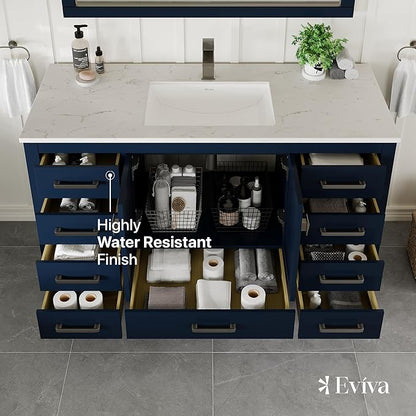 Eviva London 54 in Bathroom Vanities – 54 Inch Bathroom Vanity with Sink and Countertop, Gray Vanity Bathroom Sink Cabinet W/Quartz Countertop – Porcelain Single Sink Design for Modern Bathrooms