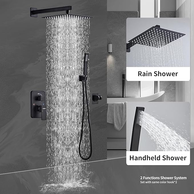 Shower System Black -10 Inch High Pressure Rain Shower Heads with Handheld Spray Combo Shower Faucet Set with Pressure Balanced Rough-in Valve, Wall Mount Bathroom Shower Set fit All Valve Types