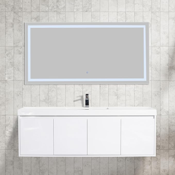 Blossom 60 Inch Floating Bathroom Vanity, Modern Single Sink Vanity with Marine-Grade Plywood, Zero-VOC Glossy White Wall Mounted Cabinet, Pre-Assembled for Easy Plumbing Install