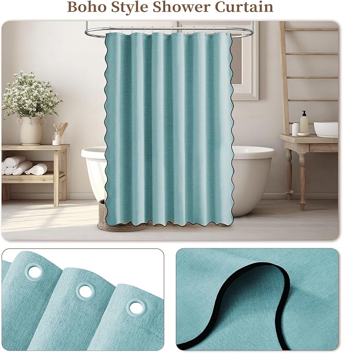 BTTN 72x90 Boho Scalloped Linen Textured Cloth Shower Curtain Set, Teal | Long Size, 230GSM Waterproof Polyester, Heavy Duty Fabric, 12 Plastic Hooks, Elegant Modern Farmhouse Style, Machine Washable