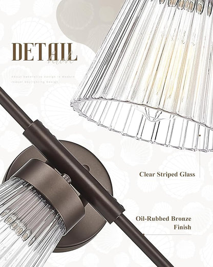 Bathroom Vanity Light Fixture, HWH 3-Light Farmhouse Vanity Lights Over Mirror Bathroom Lighting Fixtures with Clear Striped Glass Shade, Oil-Rubbed Bronze Finish, 5HZG97B-3W ORB