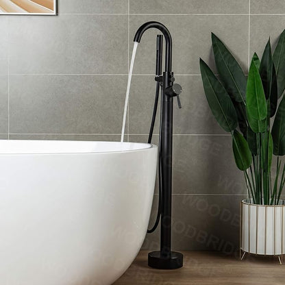 Woodbridge Contemporary Single Handle Floor Mount Freestanding Tub Filler Faucet with Hand Shower in Matte Black Finish,F0006MBRD