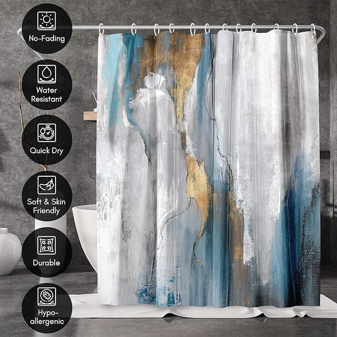 Americanflat 71x74 Marbled Texture Shower Curtain - Water-Resistant Long Shower Curtain with Durable Metal Grommets and 12 Hooks - 100% Polyester - Slate Blue, Warm Gold, Grey and White