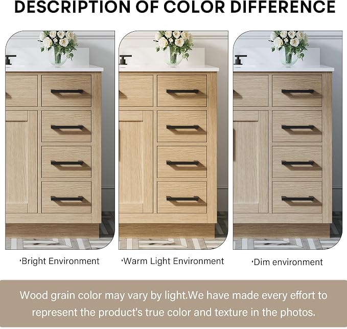 36-Inch Bathroom Vanity with Sink W/ 2 Doors & 4 Drawers & 1 Flip Drawer, Oak Vanity W/Matte Black Handles