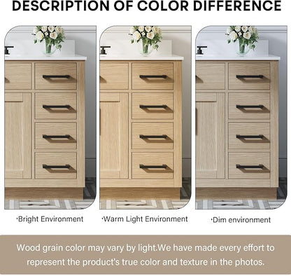 36-Inch Bathroom Vanity with Sink W/ 2 Doors & 4 Drawers & 1 Flip Drawer, Oak Vanity W/Matte Black Handles