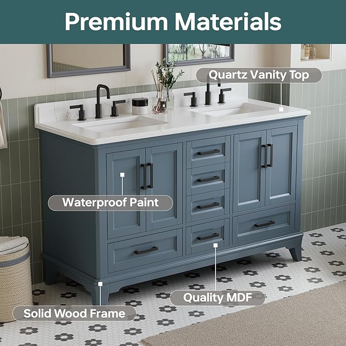 60 Inch Bathroom Vanity Double Sink, Fully Assembled Solid Wood Frame Double Sink Bathroom Vanity with Soft Closing Doors & Full Extension Dovetail Drawers, Quartz Top, Steel Blue